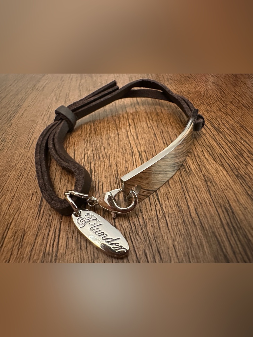 Plunder Silver Curved Bar Bracelet with Brown Suede Cord